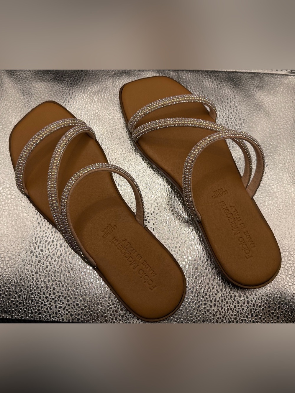 Tan Crystal-Embellished Women’s Slide Sandals
